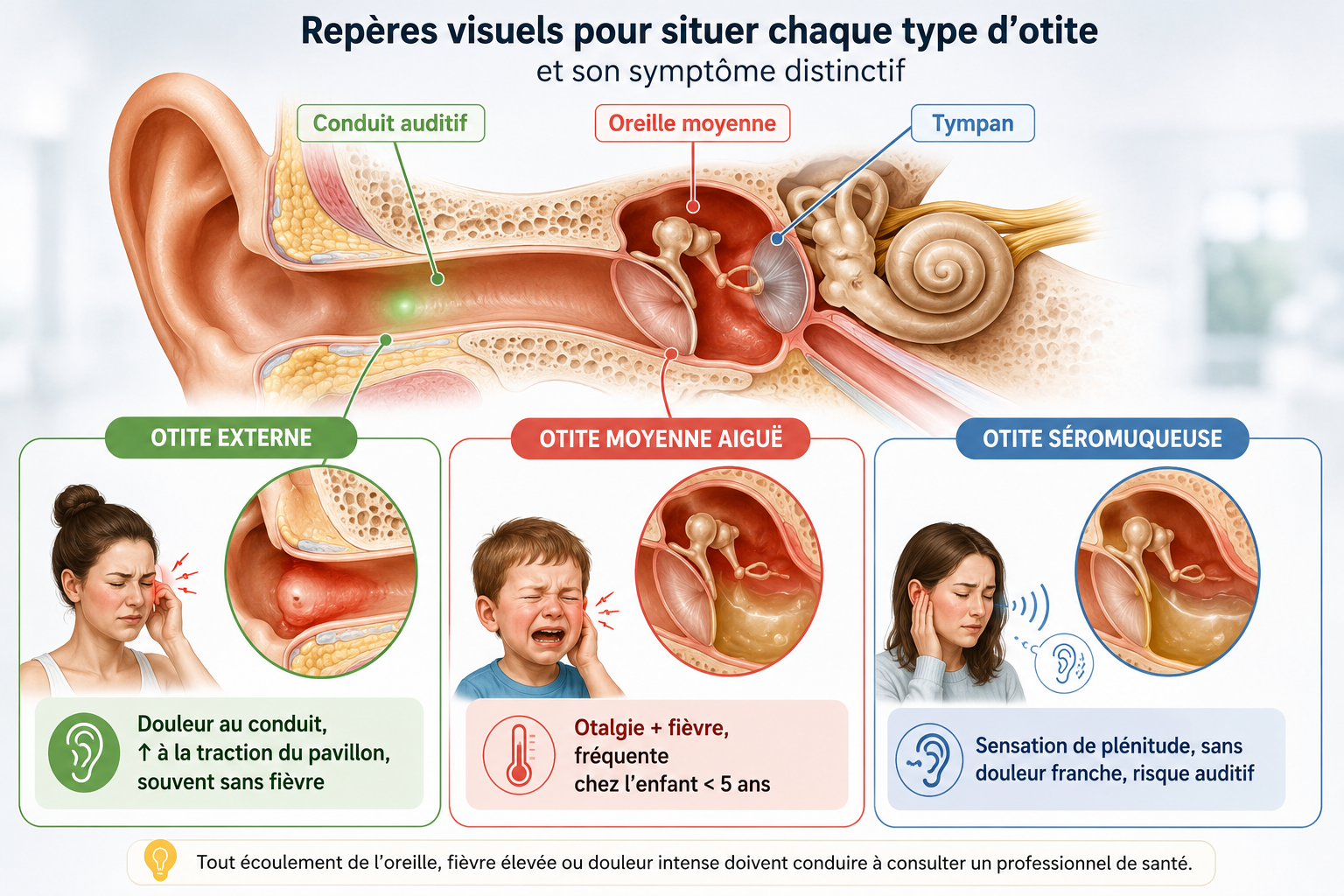 Repères visuels pour situer chaque type d'otite et son symptôme distinctif
