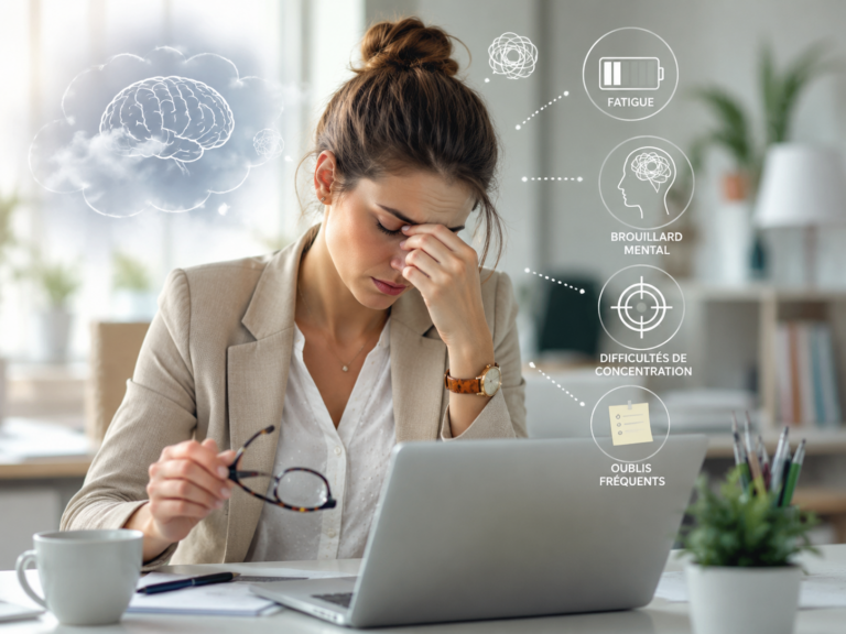 femme fatiguée difficulté concentration brouillard mental au bureau