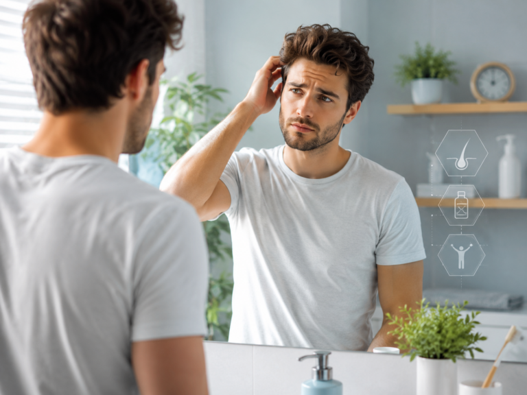 jeune homme perplexe devant son reflet, silhouette normale