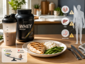 trop de protéines sportif shaker de whey à côté d'une assiette peu variée