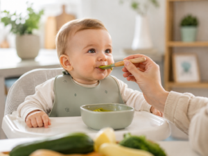 Bébé de 6 mois goûtant sa première purée de légumes à table