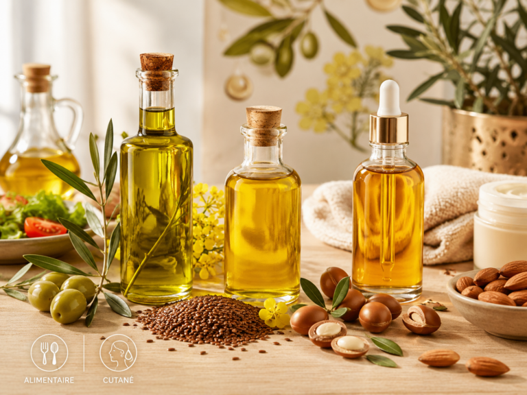 Bouteilles d'huiles végétales (olive, colza, argan) entourées d'olives, de graines de lin et d'amandes, illustrant leurs usages alimentaires et cutanés