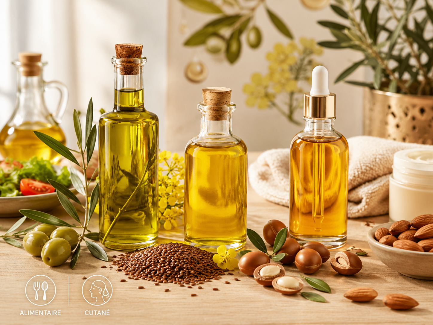Bouteilles d'huiles végétales (olive, colza, argan) entourées d'olives, de graines de lin et d'amandes, illustrant leurs usages alimentaires et cutanés