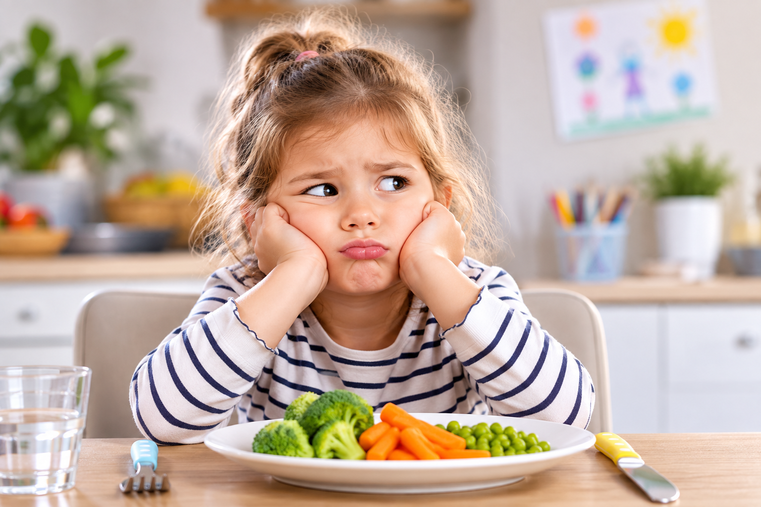 Enfant de 3 à 5 ans faisant la moue devant une assiette de légumes