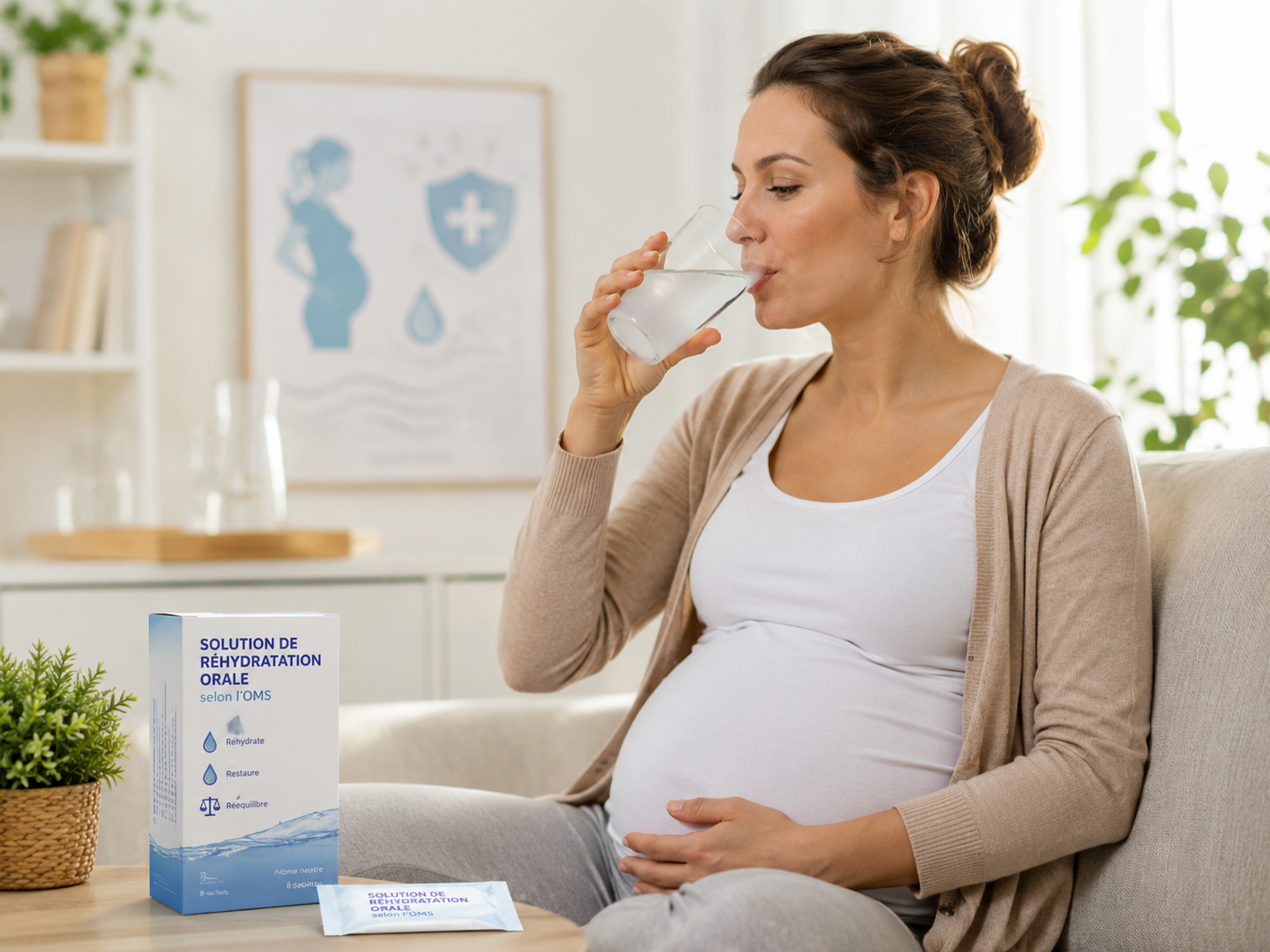 Femme enceinte buvant un soluté de réhydratation orale pour traiter une diarrhée