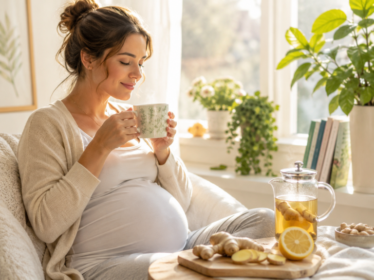 Femme enceinte buvant une tisane de gingembre le matin, ambiance douce