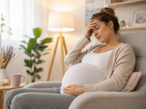 Femme enceinte fatiguée se reposant dans un fauteuil, lumière douce
