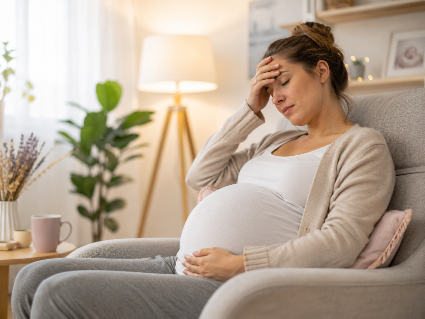 Femme enceinte fatiguée se reposant dans un fauteuil, lumière douce