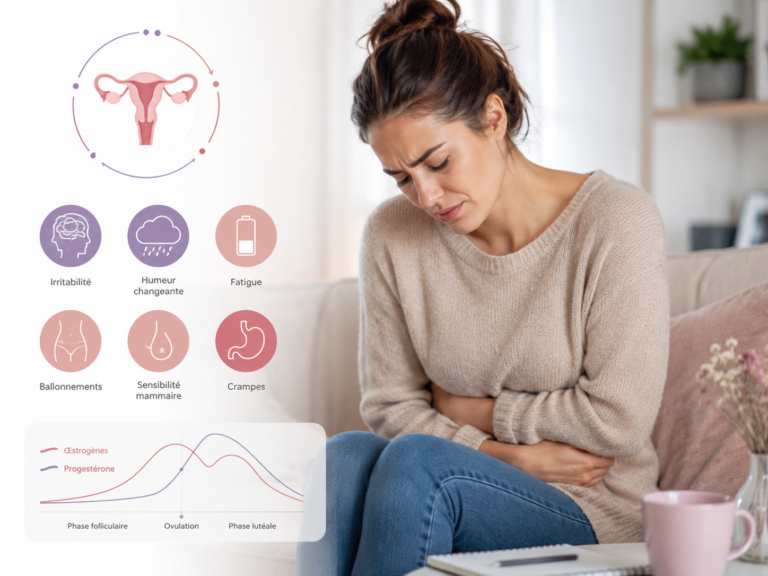 Femme se tenant le ventre, symptômes du syndrome prémenstruel et du trouble dysphorique prémenstruel