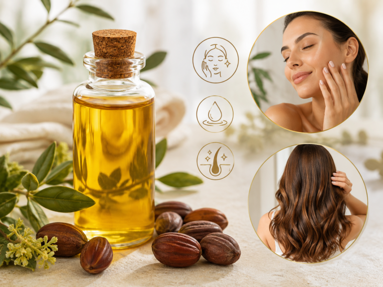 Flacon d'huile de jojoba doré à cÎté de graines de jojoba, illustrant son usage en soin de la peau et des cheveux