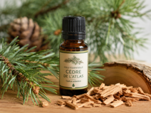 Flacon d'huile essentielle de cèdre de l'Atlas (Cedrus atlantica) posé près de branches de cèdre et de copeaux de bois
