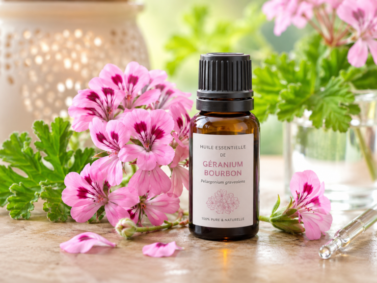 Flacon d'huile essentielle de géranium bourbon (Pelargonium graveolens) posé près de fleurs roses de géranium rosat