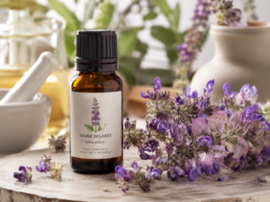 Flacon d'huile essentielle de sauge sclarée (Salvia sclarea) posé près de fleurs violettes de sauge sclarée séchées