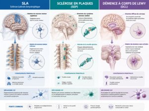 Illustration schématique comparant les mécanismes cérébraux et médullaires de la SLA, la sclérose en plaques et la démence à corps de Lewy