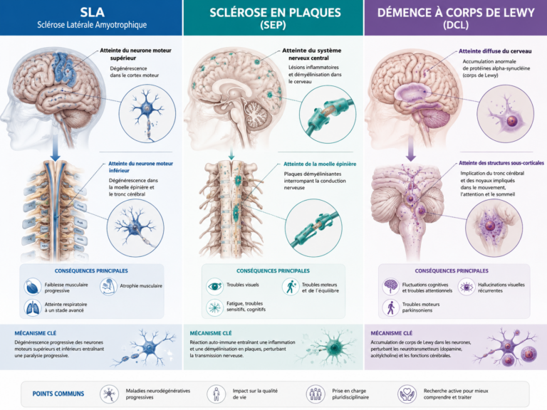 Illustration schématique comparant les mécanismes cérébraux et médullaires de la SLA, la sclérose en plaques et la démence à corps de Lewy