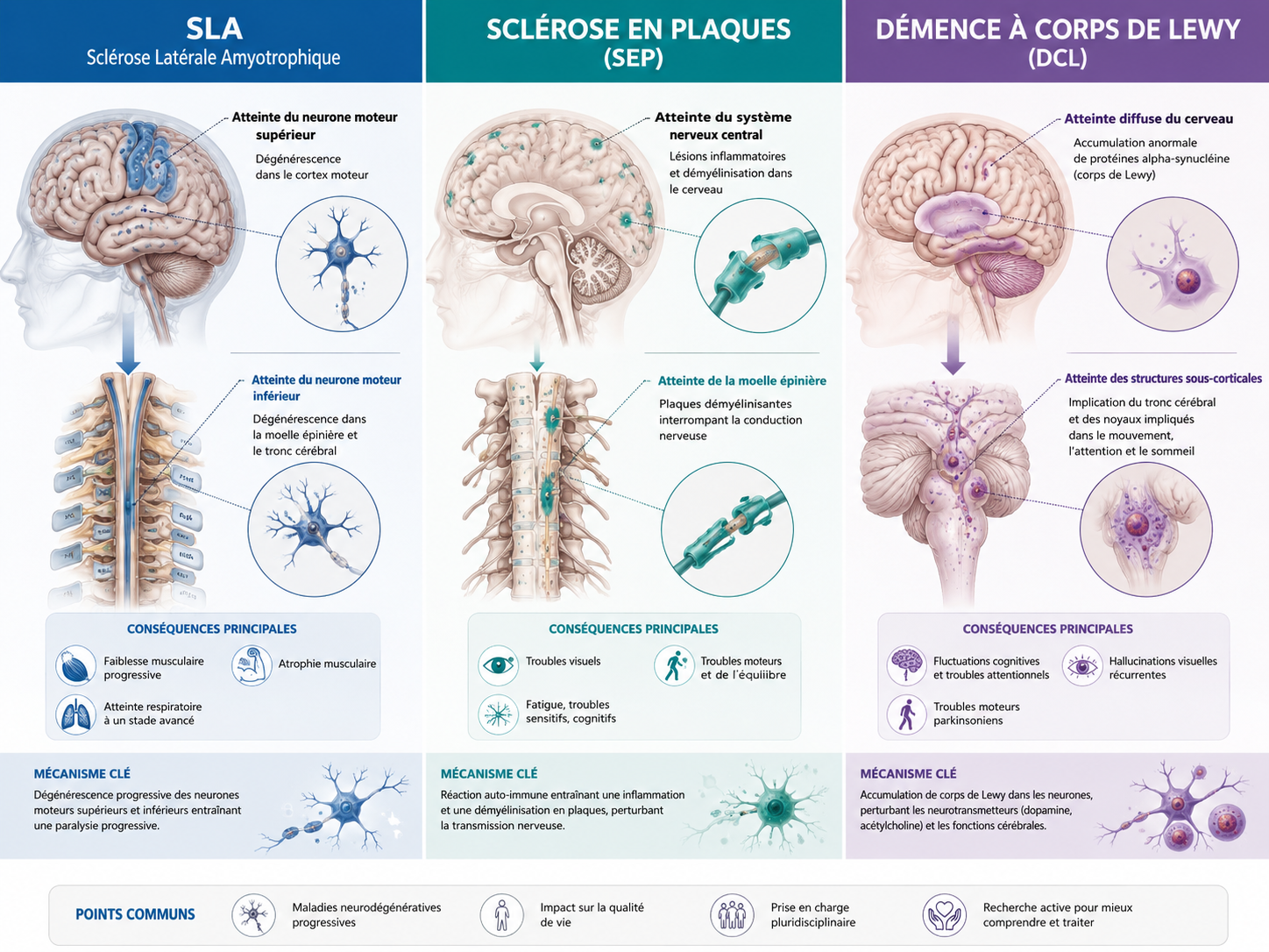 Illustration schématique comparant les mécanismes cérébraux et médullaires de la SLA, la sclérose en plaques et la démence à corps de Lewy