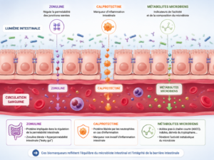 Illustration schématique des biomarqueurs du microbiote intestinal (zonuline, calprotectine, métabolites) entre lumière intestinale et circulation sanguine
