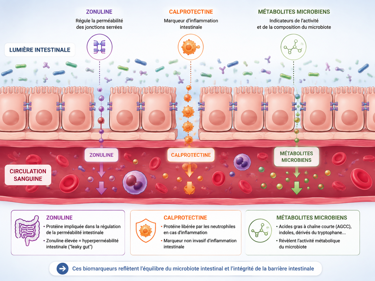 Illustration schématique des biomarqueurs du microbiote intestinal (zonuline, calprotectine, métabolites) entre lumière intestinale et circulation sanguine