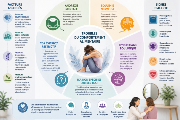 Illustration schématique des différents troubles du comportement alimentaire et de leurs facteurs associés
