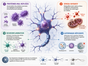 Illustration schématique d'un neurone entouré des quatre mécanismes de la neurodégénérescence