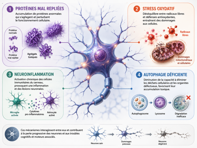 Illustration schématique d'un neurone entouré des quatre mécanismes de la neurodégénérescence