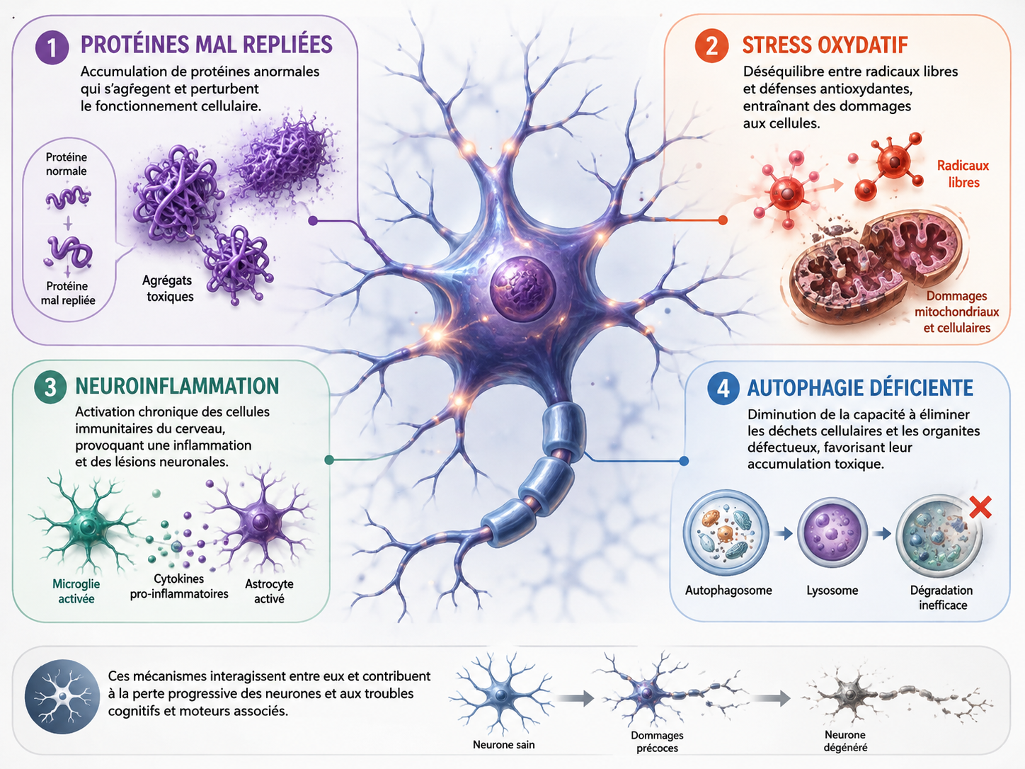 Illustration schématique d'un neurone entouré des quatre mécanismes de la neurodégénérescence