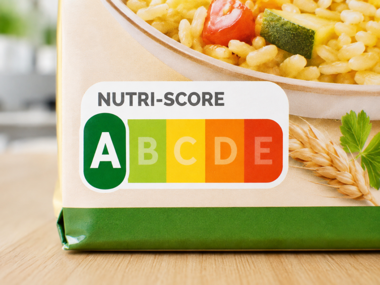 Logo Nutri-Score sur un emballage alimentaire, lettres A à E colorées du vert au rouge