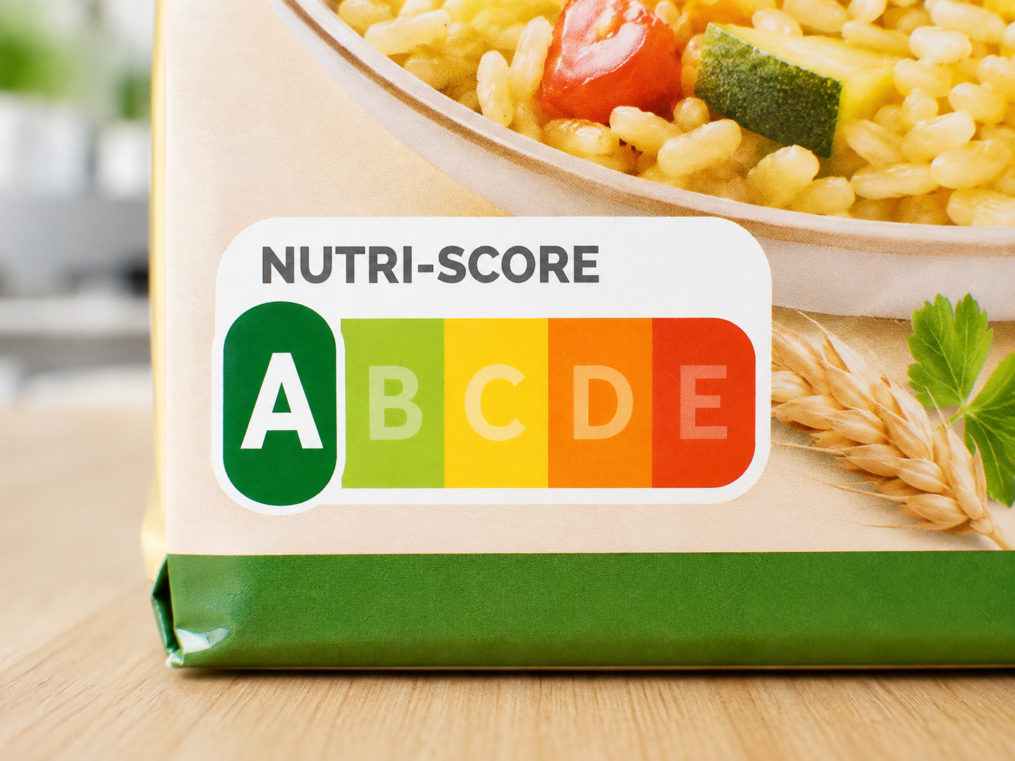 Logo Nutri-Score sur un emballage alimentaire, lettres A à E colorées du vert au rouge