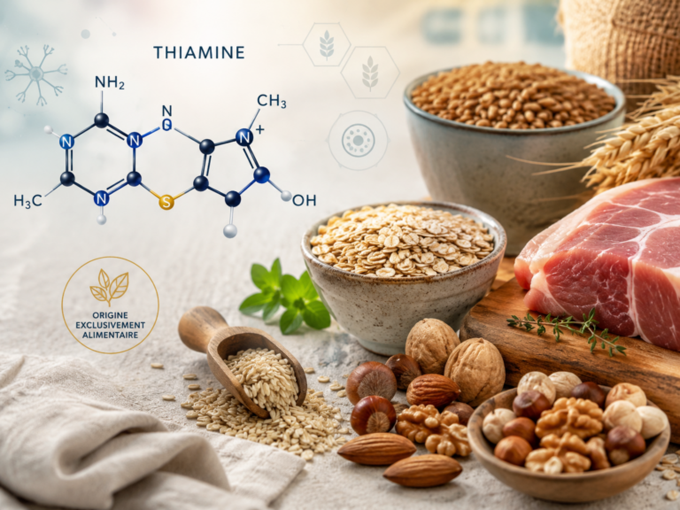 Molécule de thiamine stylisée à cÎté de sources alimentaires (céréales complÚtes, porc, oléagineux) évoquant l'origine exclusivement alimentaire de la vitamine B1