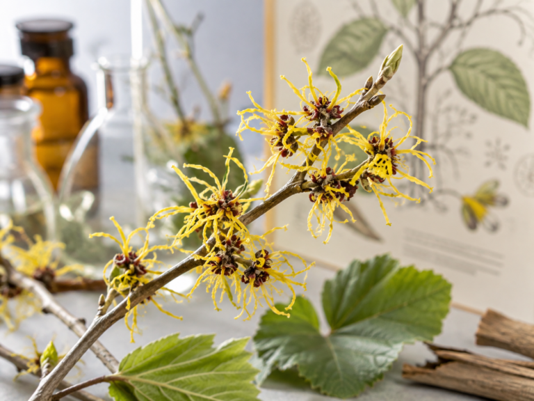 Rameau d'hamamélis en fleur, plante utilisée en phytothérapie veinotonique