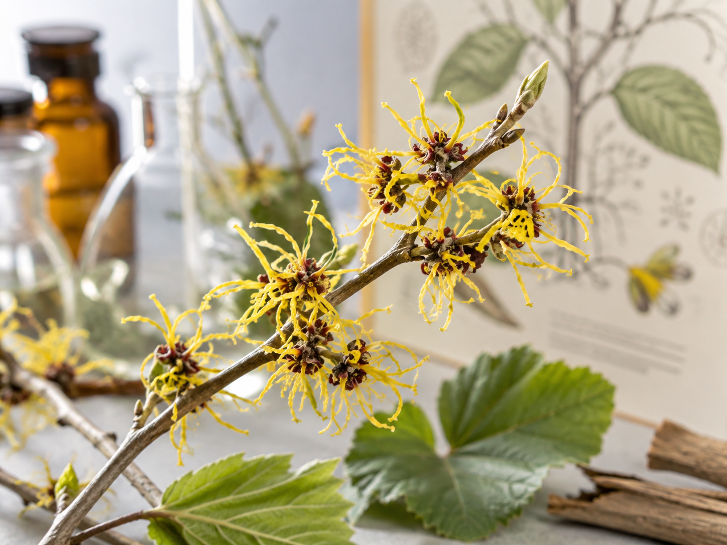 Rameau d'hamamélis en fleur, plante utilisée en phytothérapie veinotonique