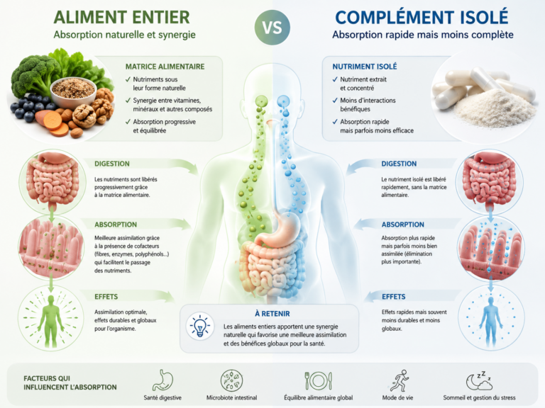 Schéma comparant l'absorption d'un nutriment dans un aliment entier versus un complément isolé