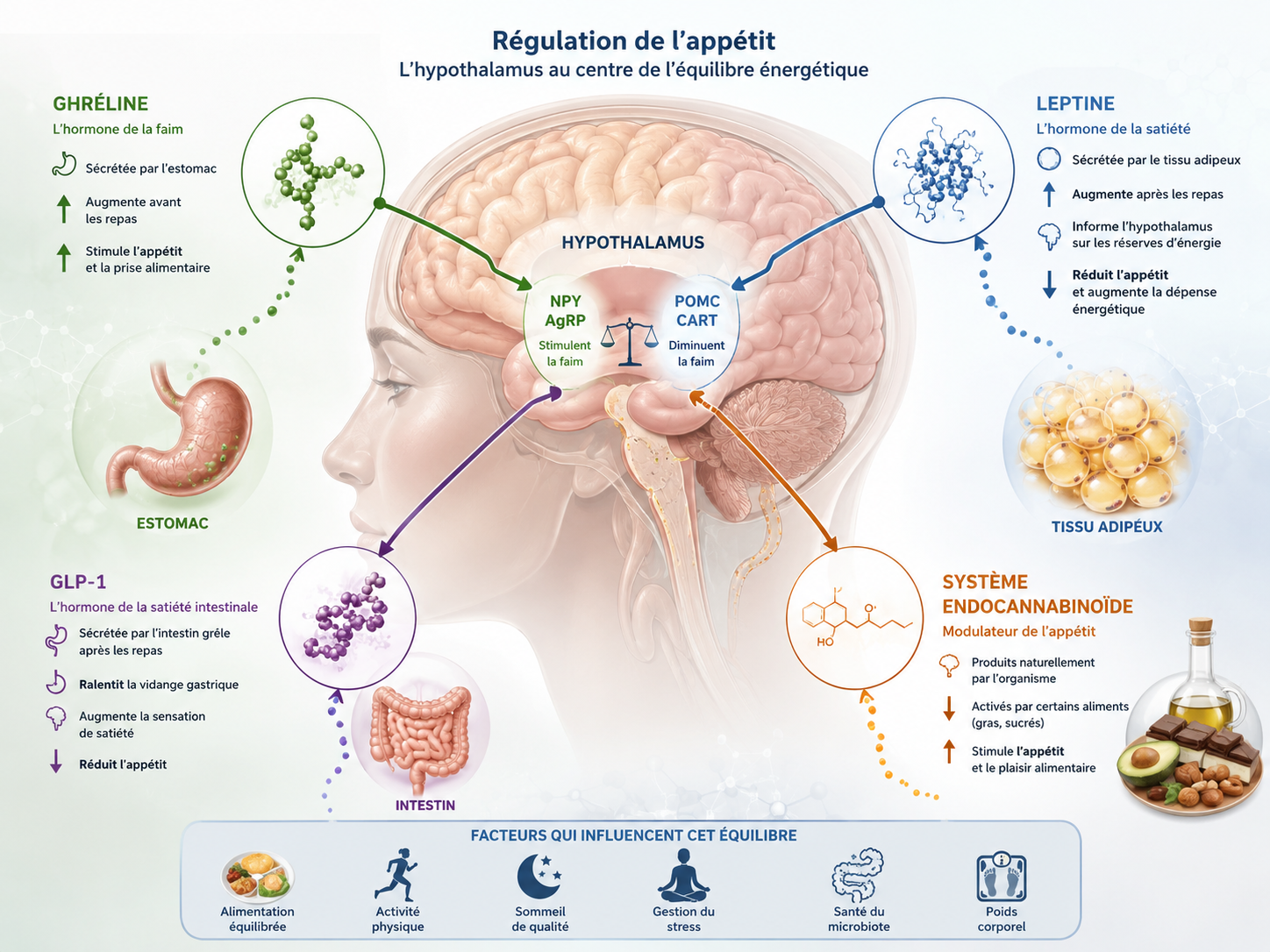 Schéma des systèmes de régulation de l'appétit ghréline, leptine, GLP-1 et système endocannabinoïde dans l'hypothalamus