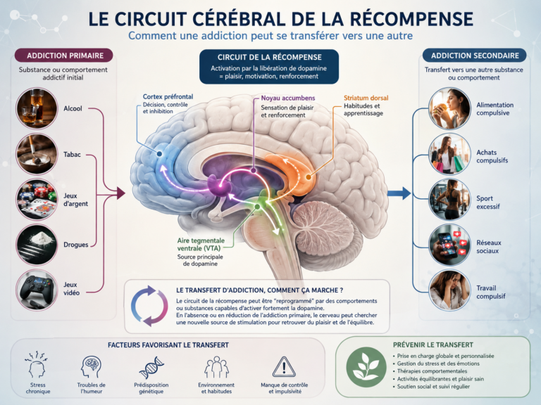 Schéma du circuit cérébral de la récompense illustrant le transfert d'une addiction vers une autre