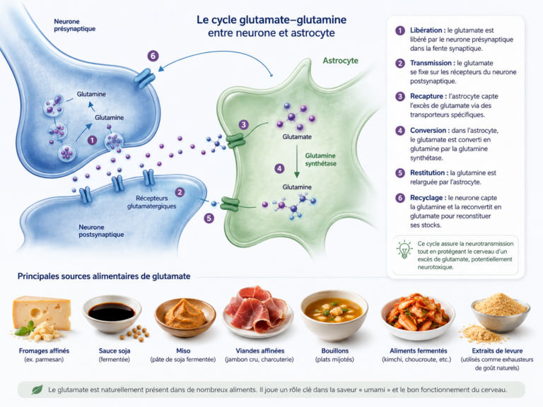 Schéma du cycle glutamate-glutamine entre neurone et astrocyte, et principales sources alimentaires de glutamate