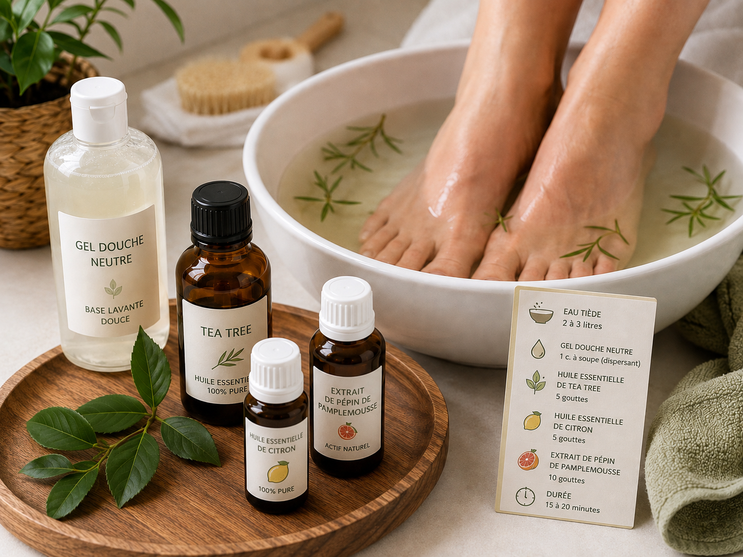 bain de pieds aromatique maison mycose des pieds tea tree citron gel douche neutre (dispersant) extrait de pépin de pamplemousse