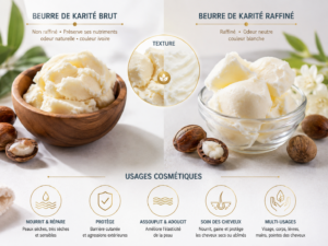 beurre de karité brut et raffiné, texture et usages cosmétiques