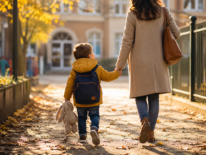 Illustration éditoriale douce d'un jeune enfant en manteau d'automne, sac à dos, marchant main dans la main avec un parent vers l'école, feuilles d'automne au sol, lumière chaude, style aquarelle, sans texte, sans logo.