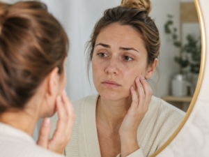 femme se regardant dans un miroir, teint terne, main sur la joue