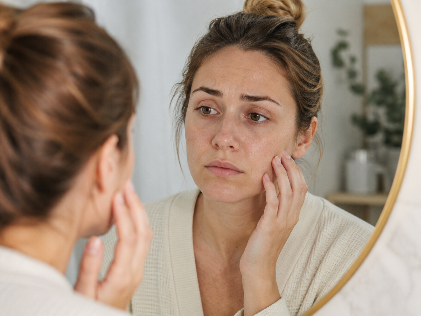 femme se regardant dans un miroir, teint terne, main sur la joue