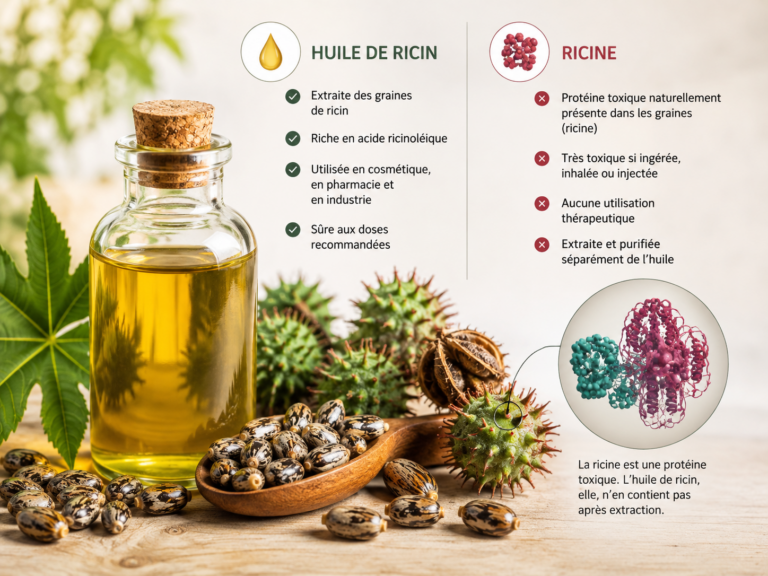 flacon d'huile de ricin et graines de ricin, illustration des différences entre l'huile et la toxine ricine