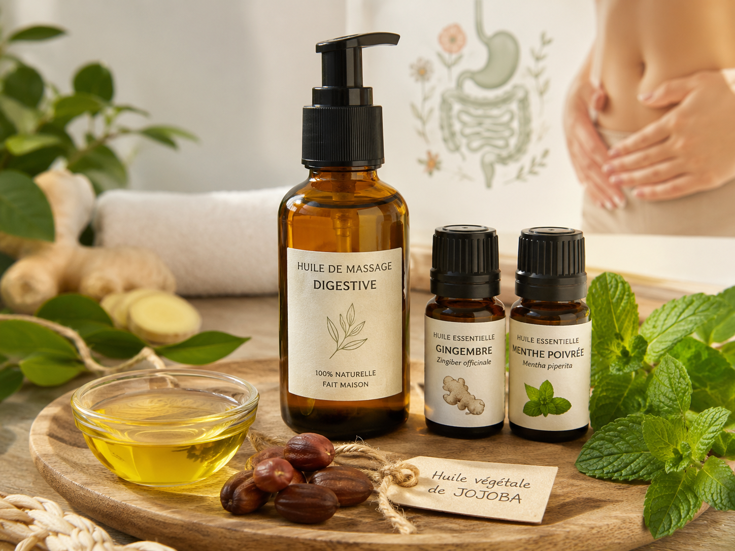 huile de massage digestive maison huile de jojoba, HE de gingembre, HE de menthe poivrée