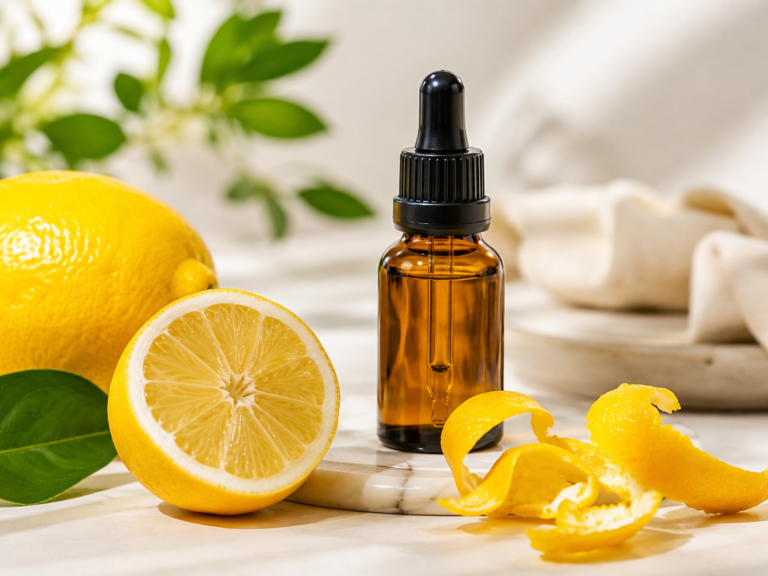huile essentielle de citron, zeste de citron, flacon compte-gouttes