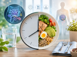 jeûne intermittent et microbiote horloge et assiette équilibrée