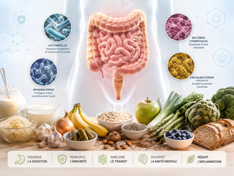 microbiote intestinal schémas des bactéries intestinales et aliments pour la santé