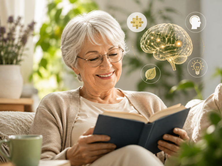 personne senior souriante lisant un livre, mémoire préservée après 65 ans