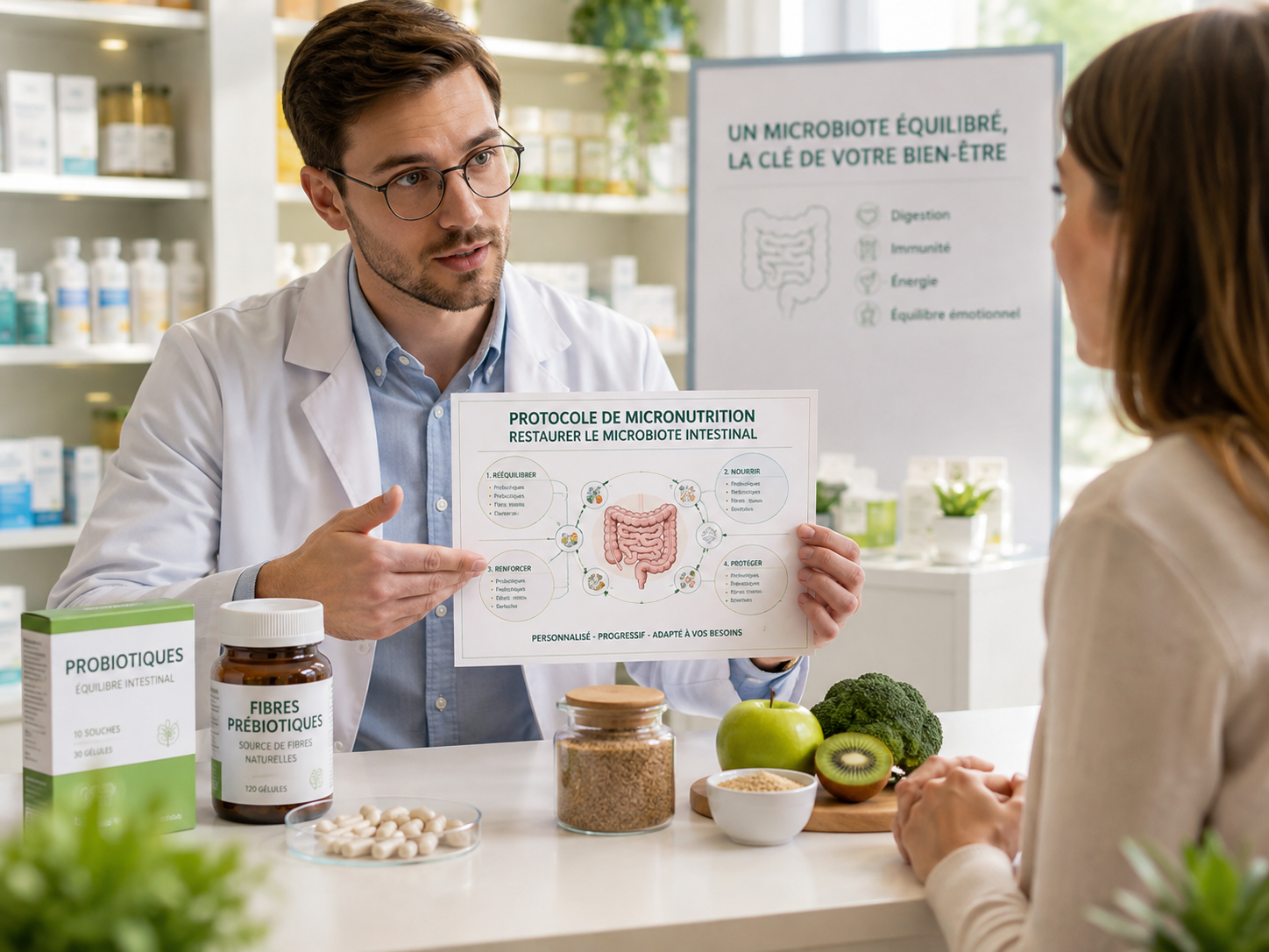 pharmacien expliquant un protocole de micronutrition pour restaurer le microbiote intestinal, gélules de probiotiques et fibres alimentaires sur un comptoir