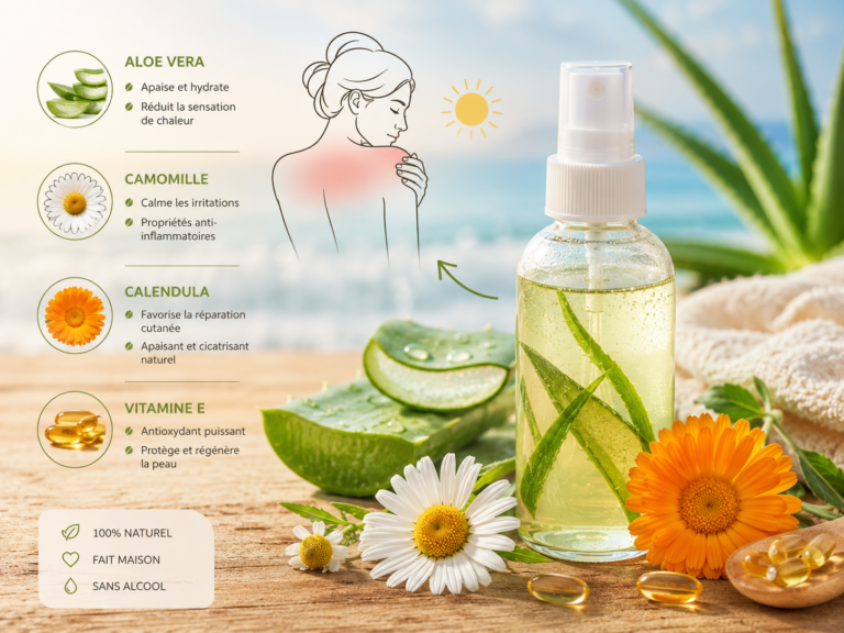 remède maison naturel contre le coup de soleil sous forme de spray avec aloe vera, camomille, calendula et vitamine E