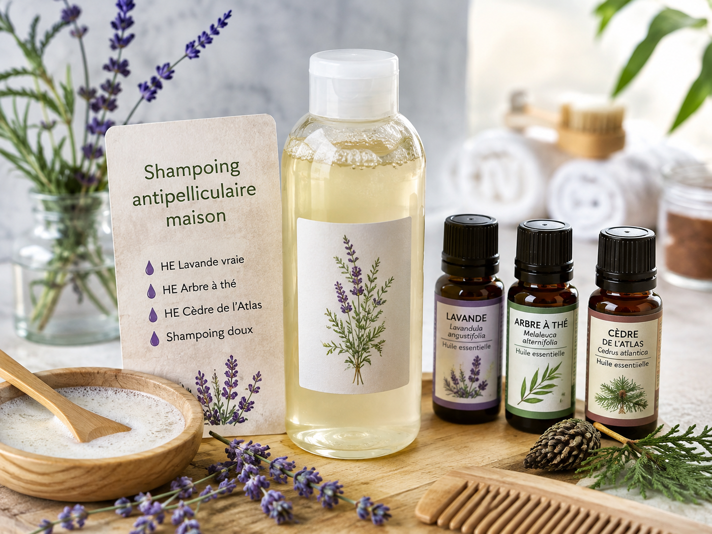 shampoing antipelliculaire maison aux huiles essentielles avec He lavande, HE arbre à thé, HE cèdre de l'atlas et shampoing doux