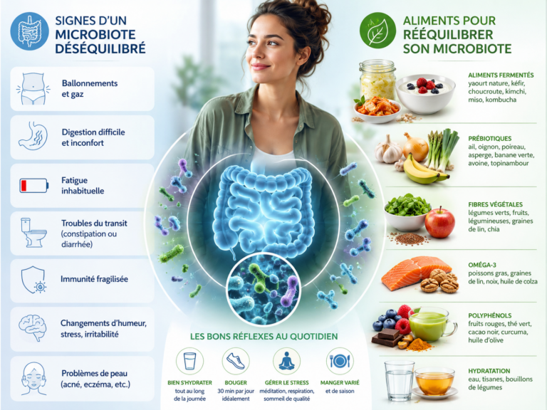 signes d'un microbiote déséquilibré et aliments pour le rééquilibrer